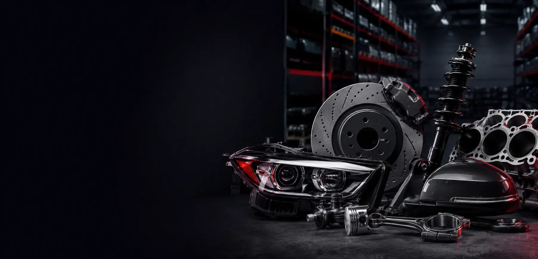 Automobile spare parts arranged in a modern warehouse